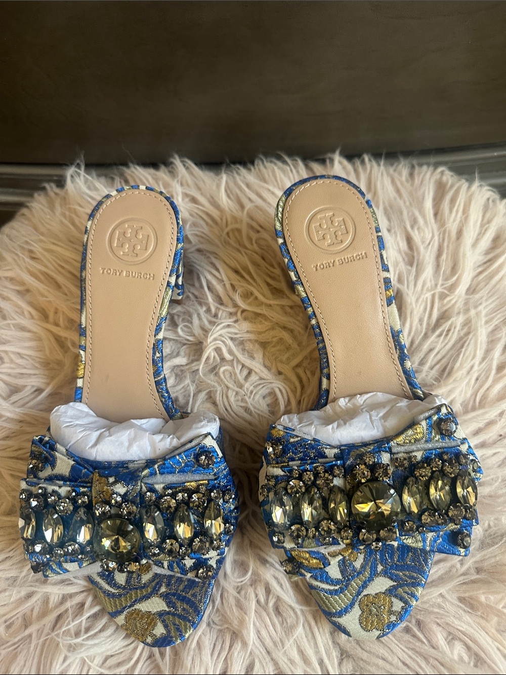 Tory Burch Blue and Gold Crystal-Embellished Slide Mules